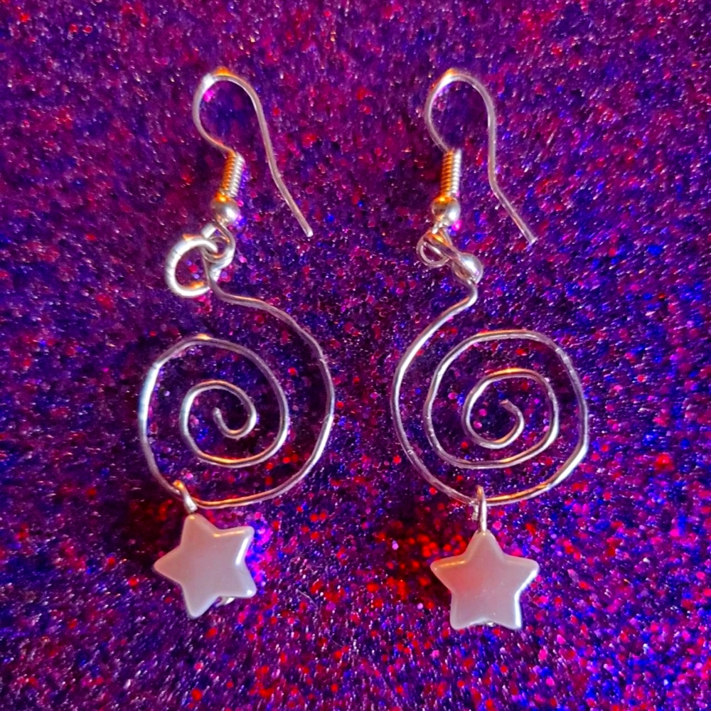Spiral/Swirly Silver Dangly Earrings with Pearl Stars - handmade